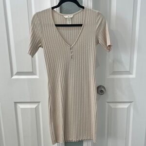 H&M Ribbed V-Neck Short Sleeve Dress - Beige